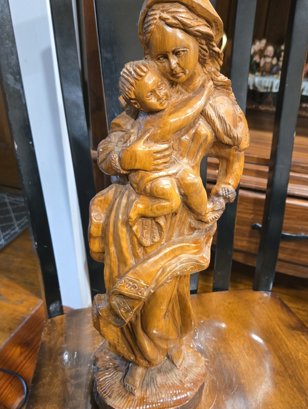 Virgin Mary Holding Baby Jesus Wooden Statue 19.5"